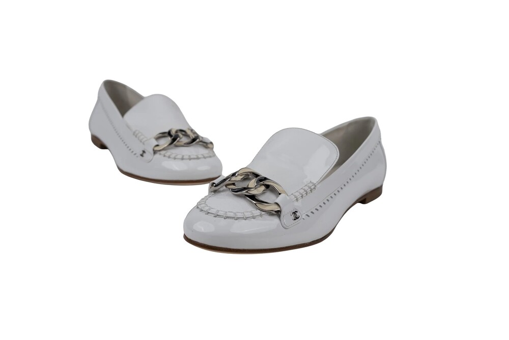 Chanel White Chain-Link Loafers Patent Leather Silver Hardware Size 42